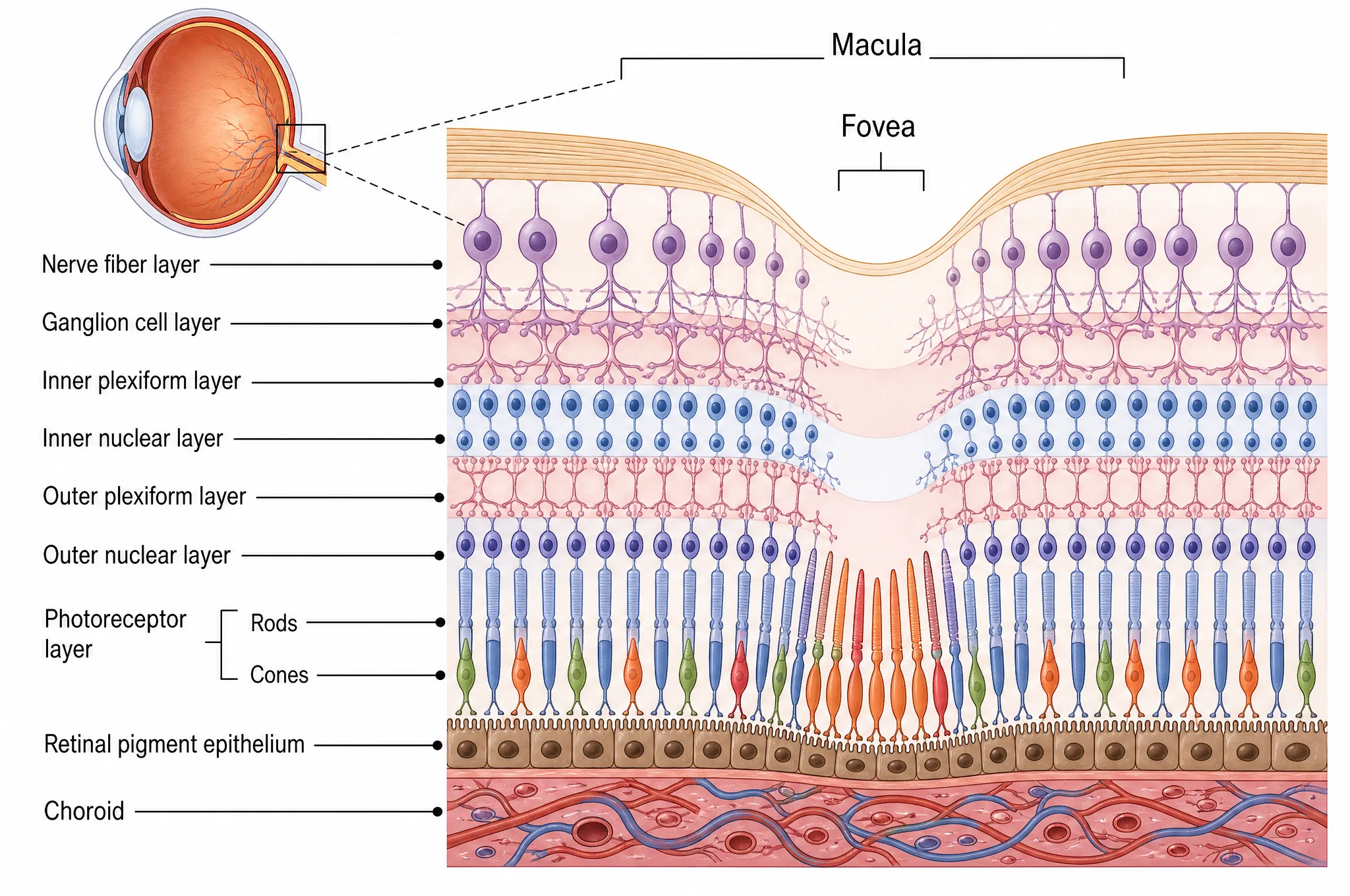Close-up diagram of the retinal layers at the macula and fovea, labeling the nerve fiber layer, ganglion cell layer, plexiform and nuclear layers, the photoreceptor layer with rods and cones, and the retinal pigment epithelium