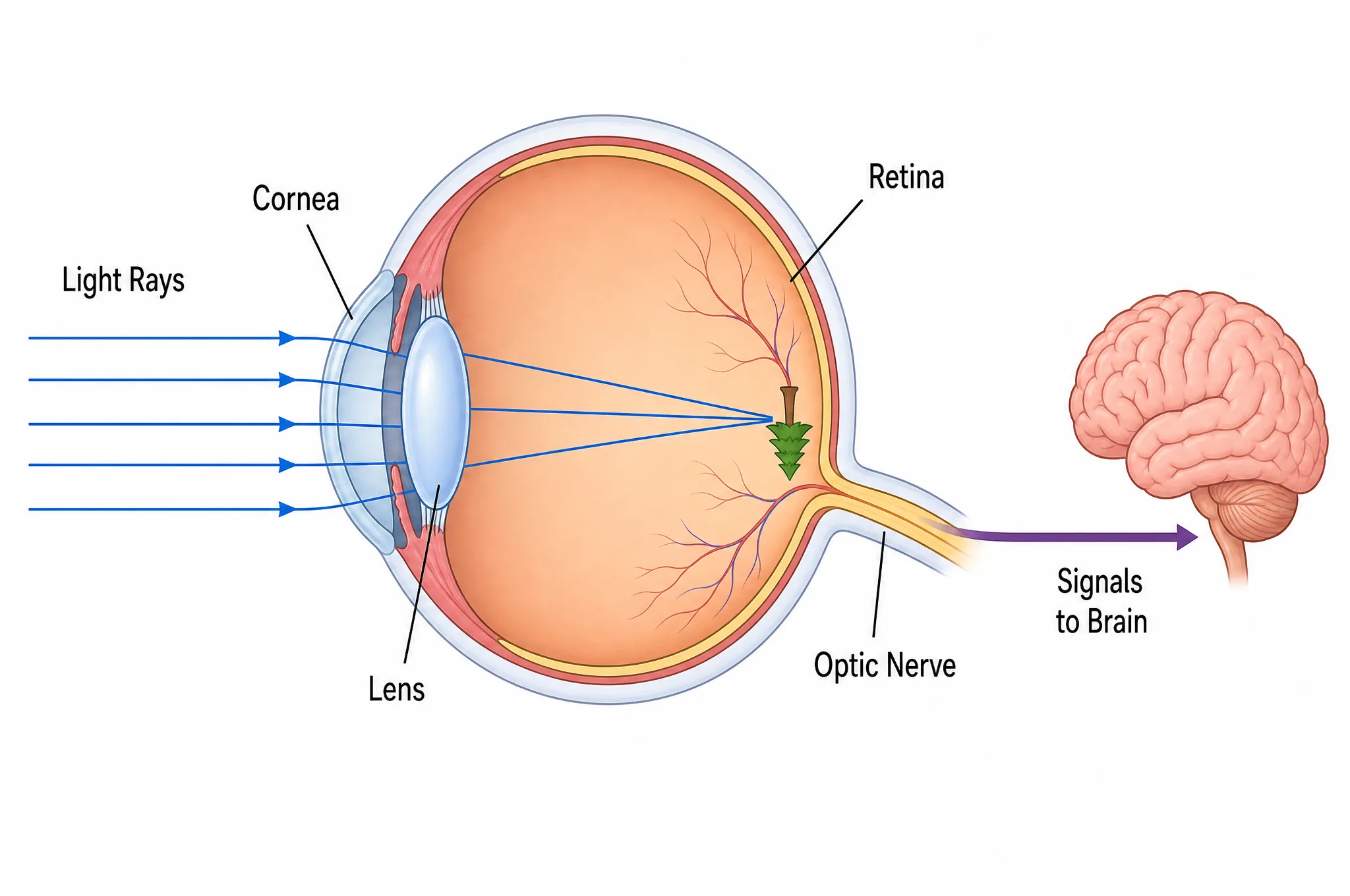 Diagram of how vision works: light rays pass through the cornea and lens to form an inverted image on the retina, and the optic nerve carries the signals to the brain